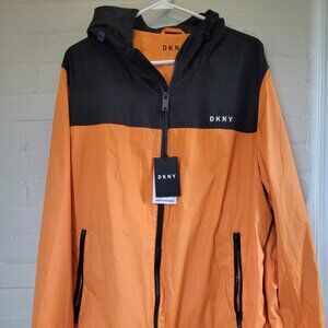 NWT DKNY Men's Orange & Black Colorblock Hooded Windbreaker Jacket XL